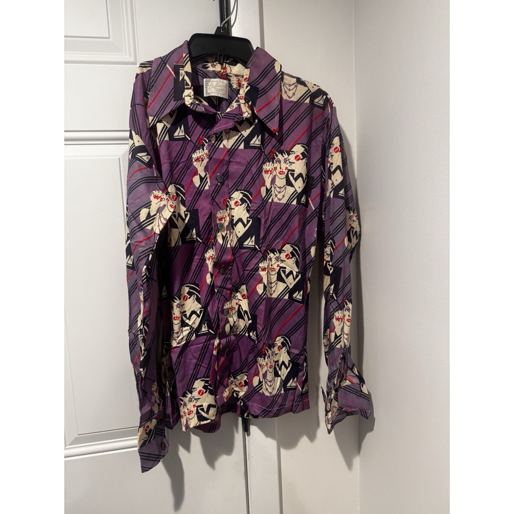 Vtg‎ Art Deco Man's Purple Striped 1970s Button Down Shirt Man Woman Sz L Disco